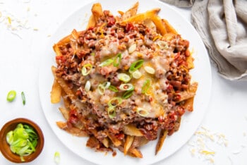 chili cheese fries on a white plate