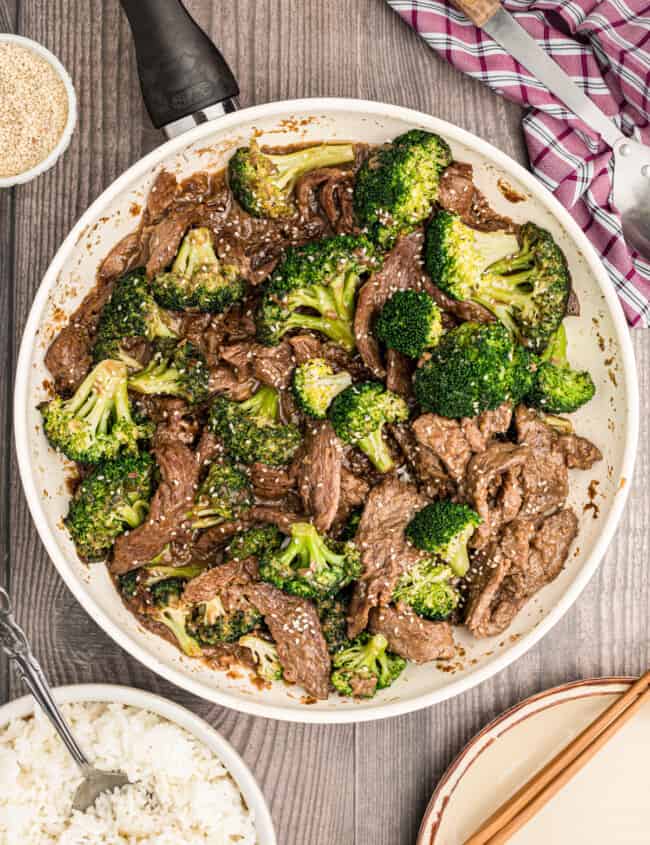 beef and broccoli in a skillet