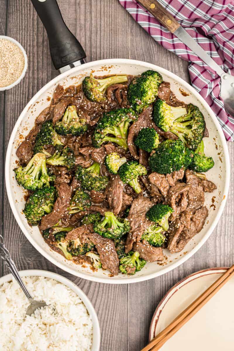 beef and broccoli in a skillet