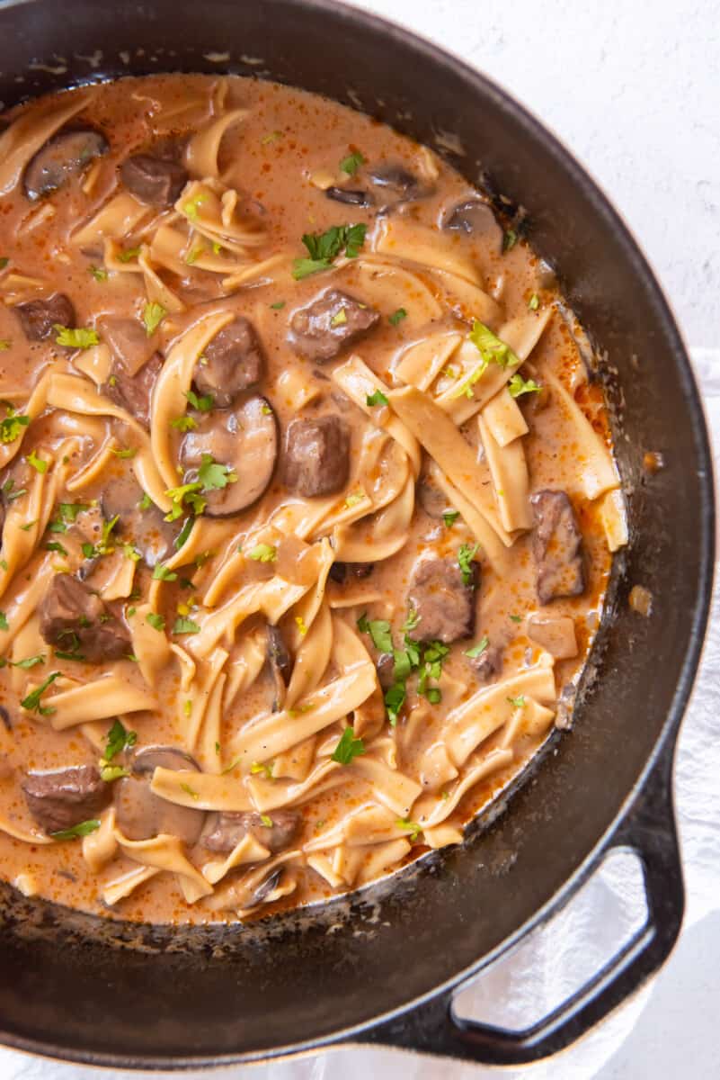 overhead image of beef stroganoff soup in a pot