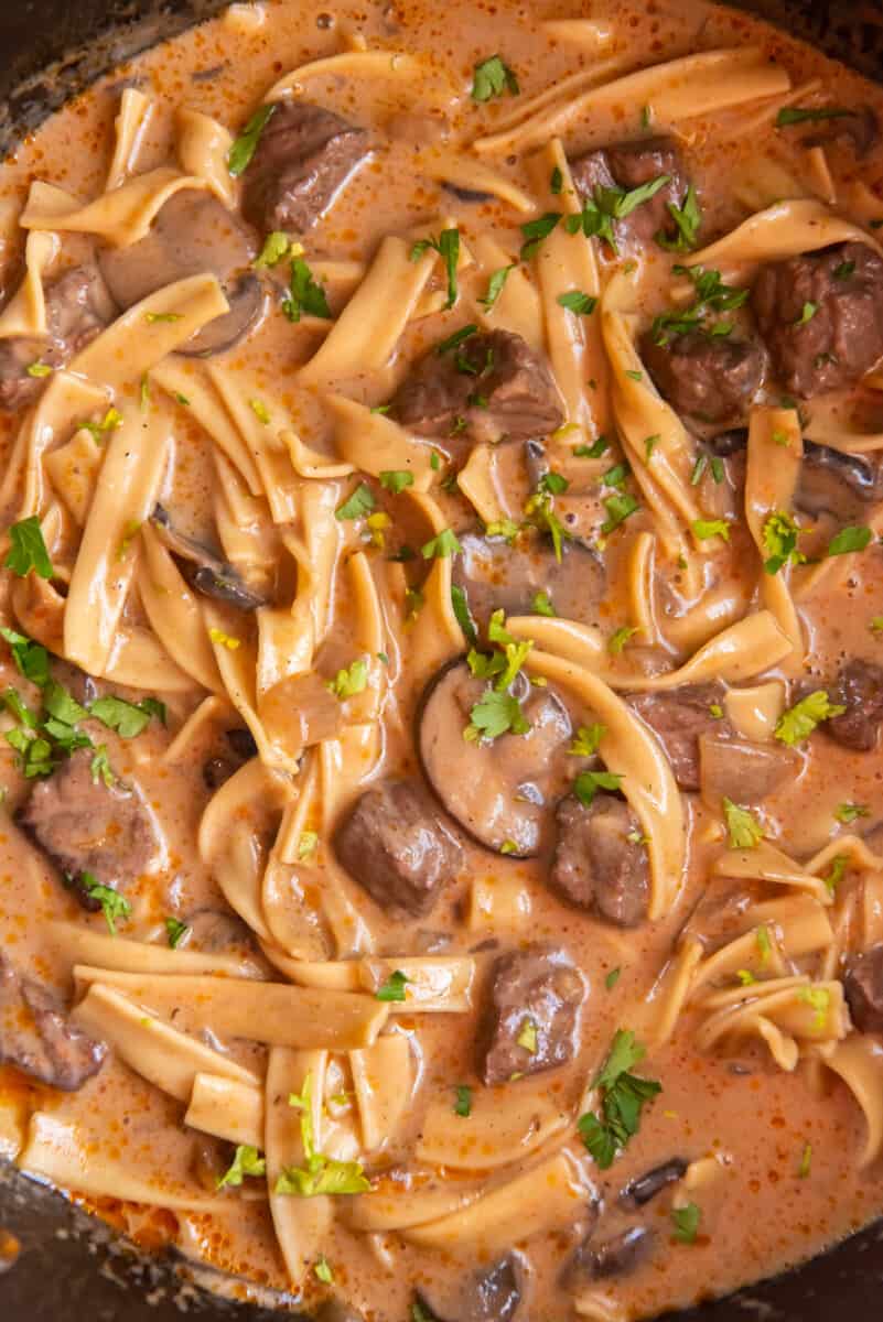 overhead image of beef stroganoff soup in a pot