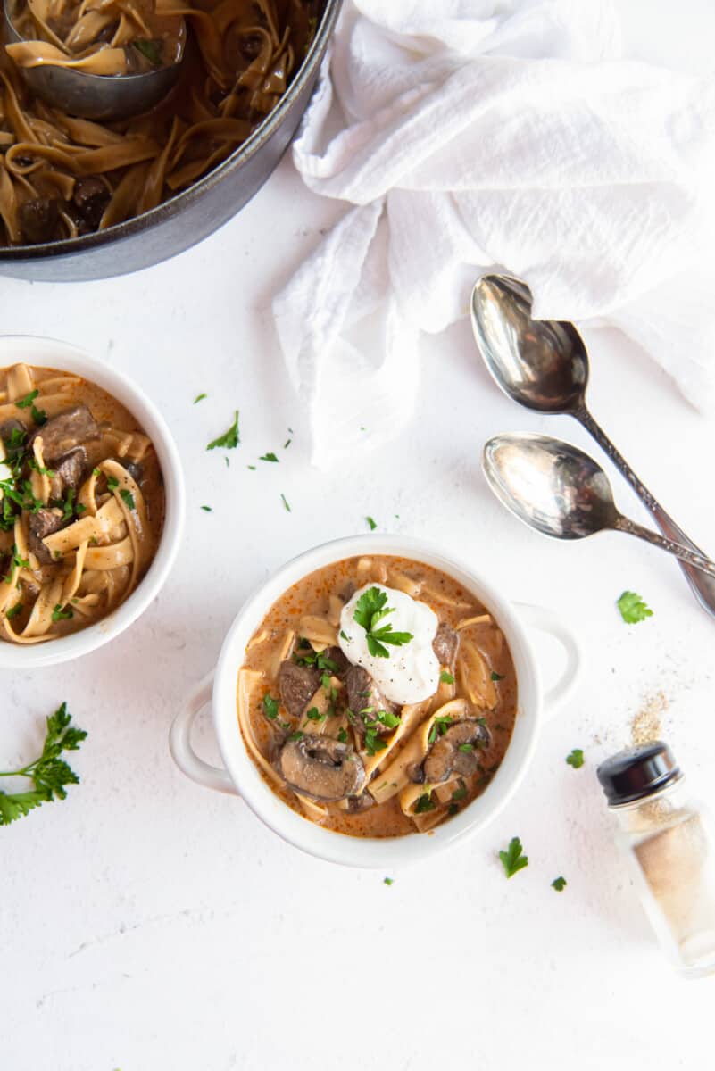 overhead image of 2 bowls of beef stroganoff soup