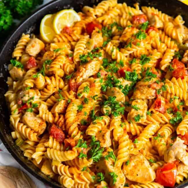 cajun chicken pasta in a skillet