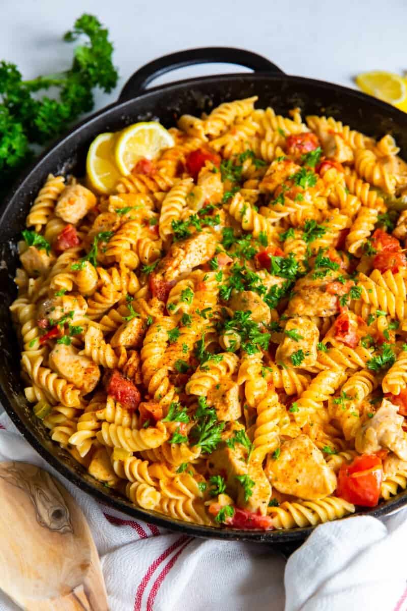 cajun chicken pasta in a skillet