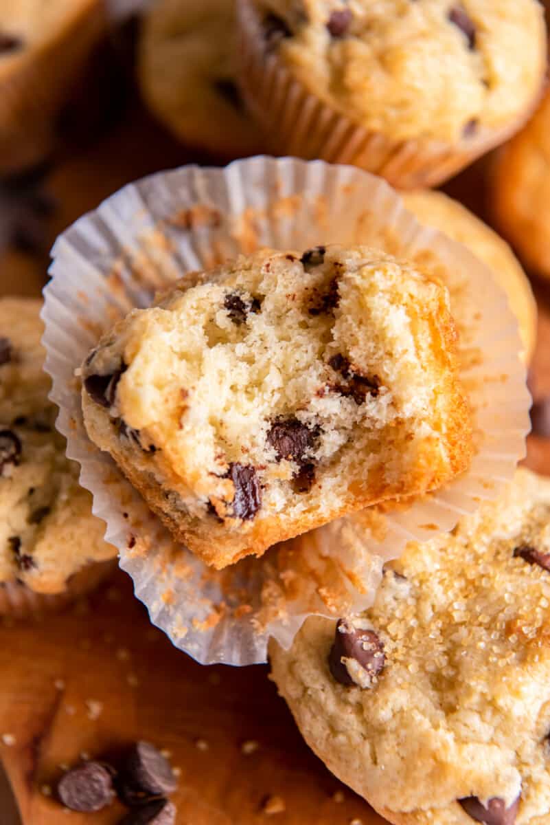 chocolate chip muffin with a bite taken from it