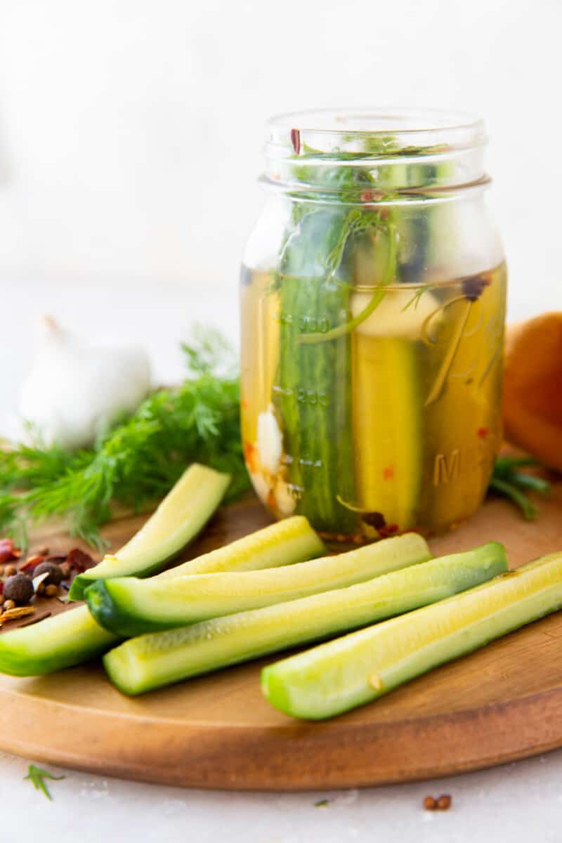 pickles on a wood serving board