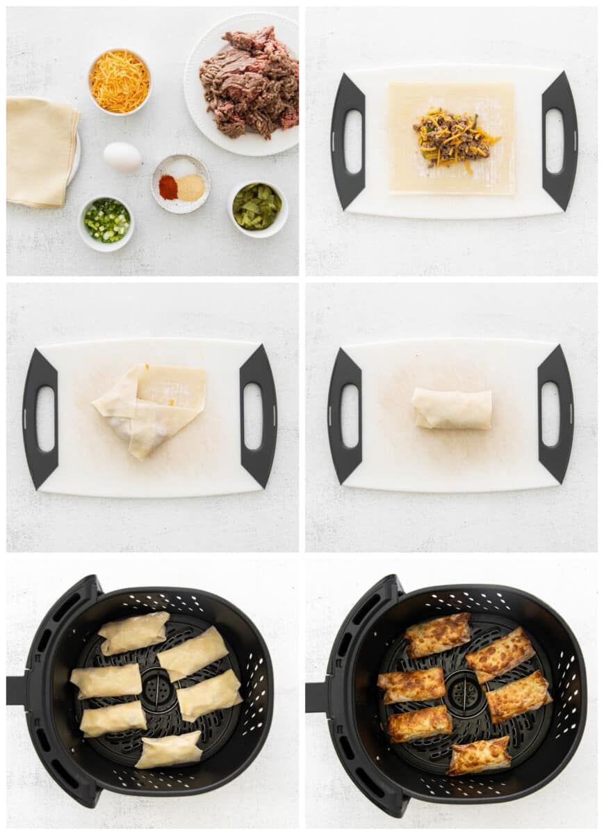 step by step photos for how to make air fryer cheeseburger egg rolls