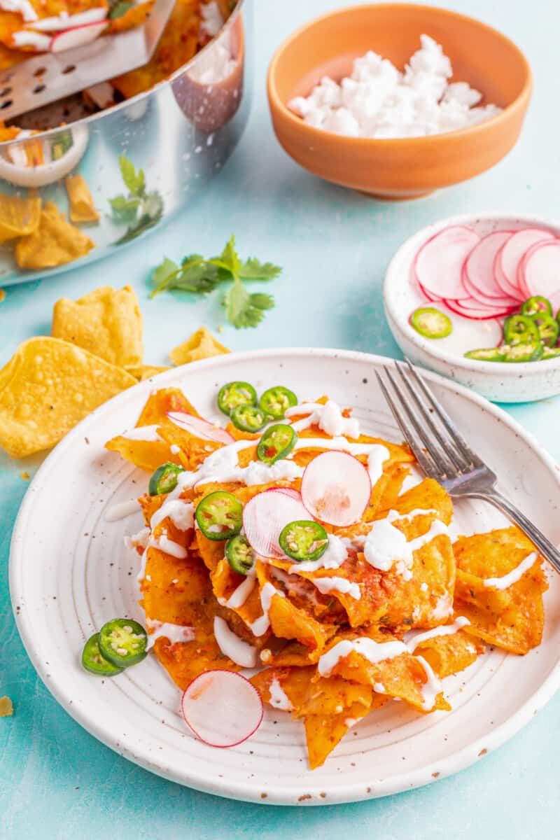 Chilaquiles on a white plate with a fork.