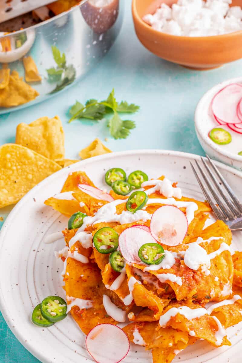 Chilaquiles on a white plate with a fork.
