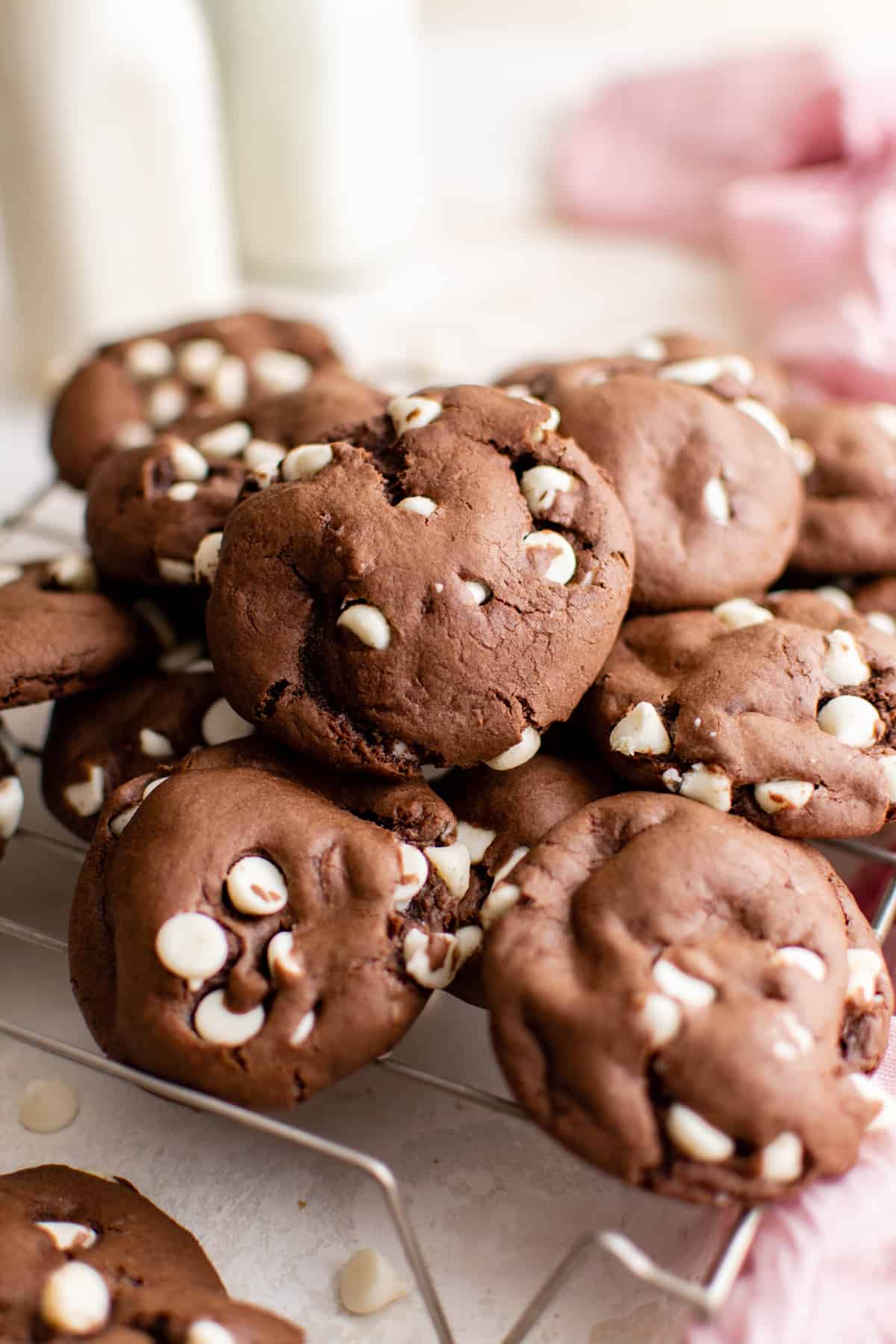 chocolate cake mix cookies on a cooling rack.