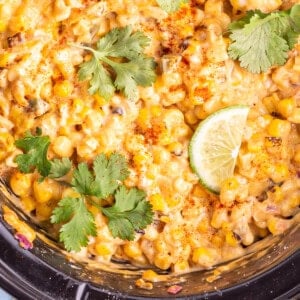 close up of crockpot corn dip in a crockpot.