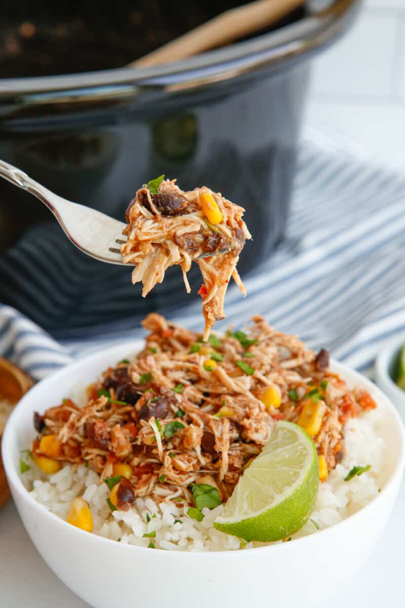 a forkful of crockpot mexican shredded chicken over crockpot mexican shredded chicken in a white bowl.