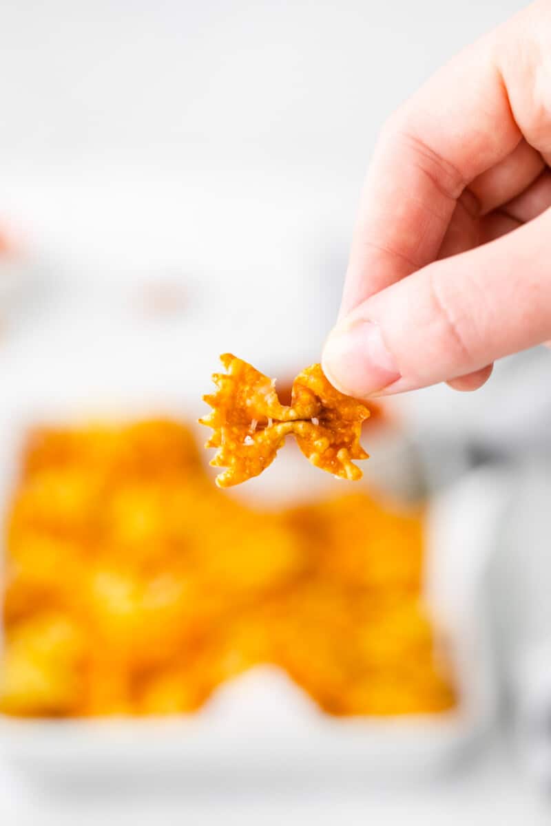 a hand holding a garlic parmesan pasta chip.