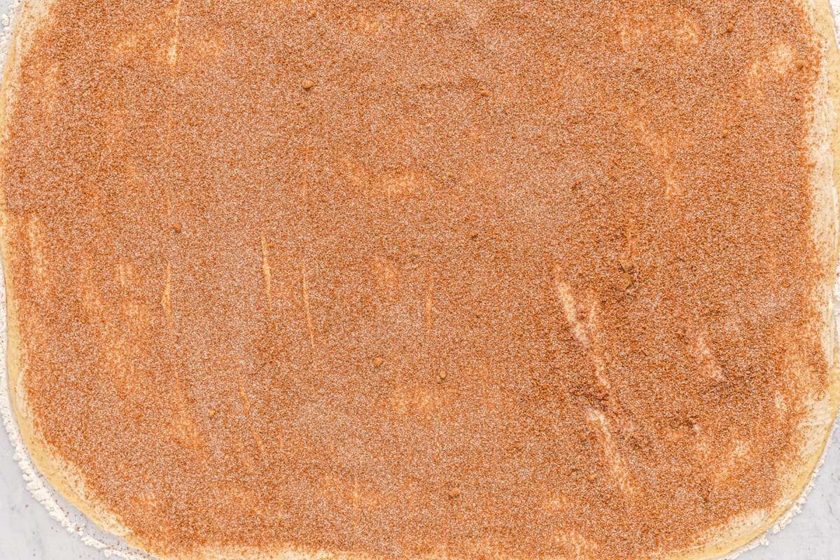 Cinnamon filling spread out on a rectangle of dough.