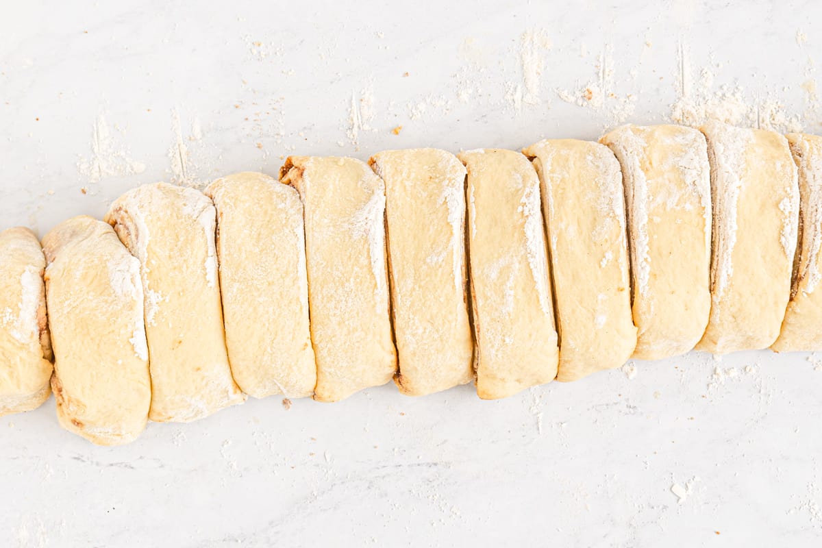 Unbaked slices of dough lined up.