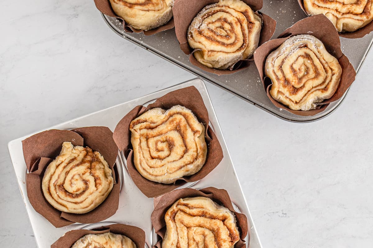 Unbaked cinnamon rolls in cupcake tins.