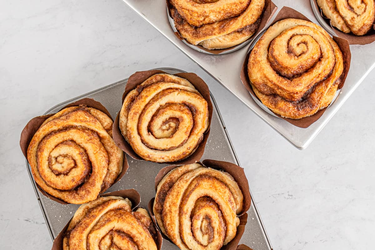 Baked cinnamon rolls in muffin tins.