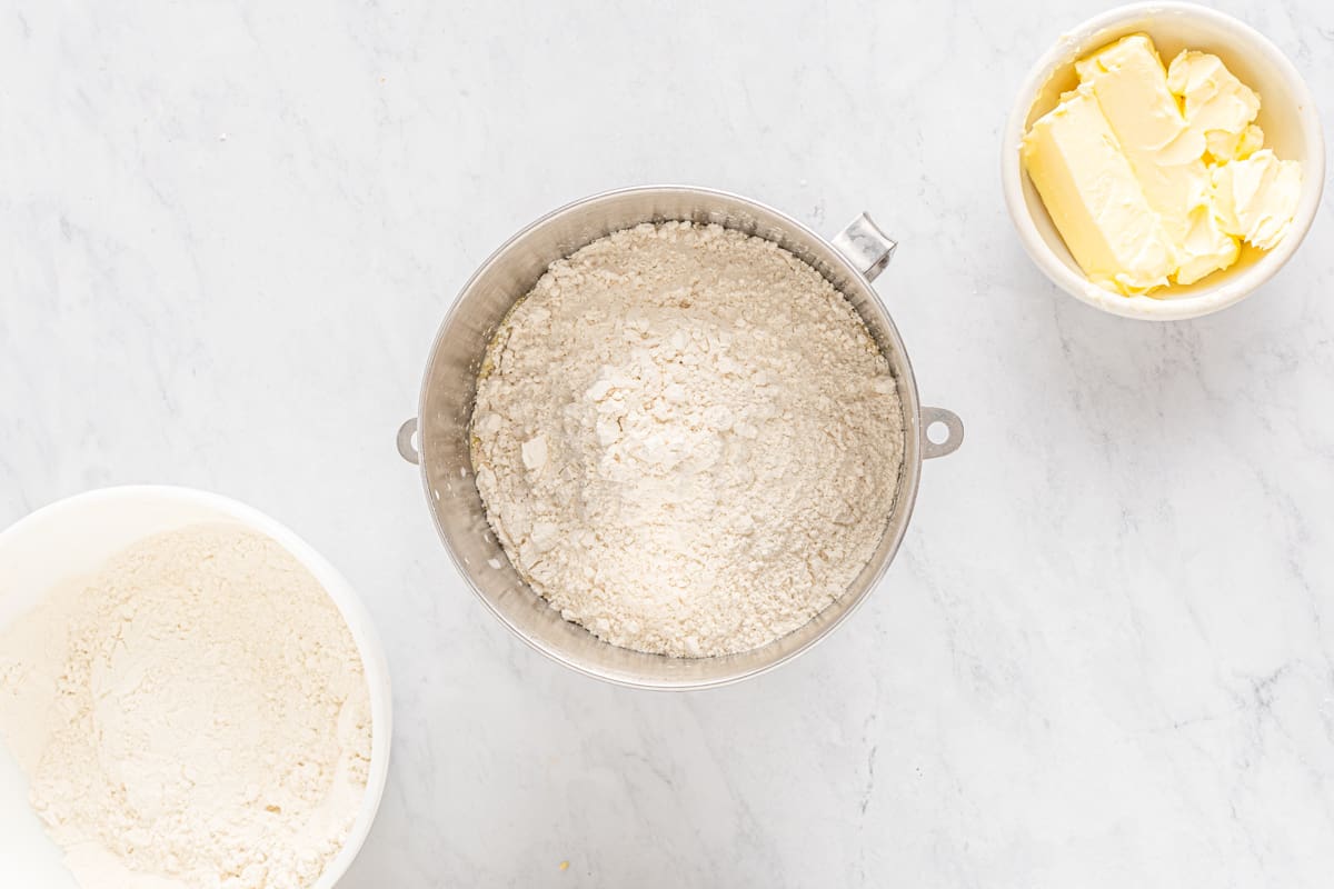 Flour in a mixing bowl.