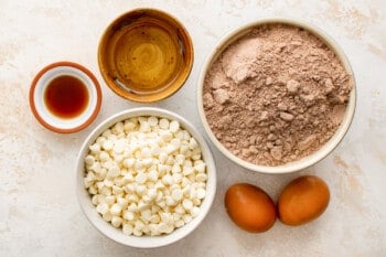 overhead view of ingredients for chocolate cake mix cookies.