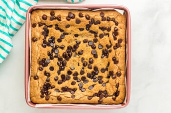 overhead view of chocolate chip cookie bars after baking.