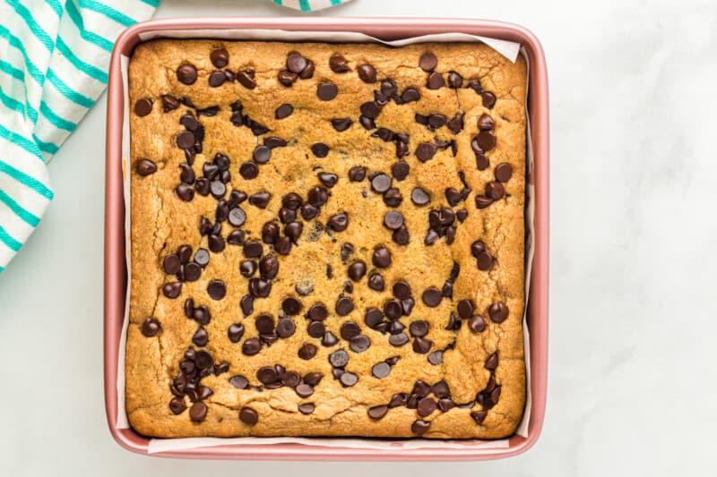 overhead view of chocolate chip cookie bars after baking.