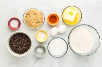 overhead view of ingredients for chocolate chip cookie bars.