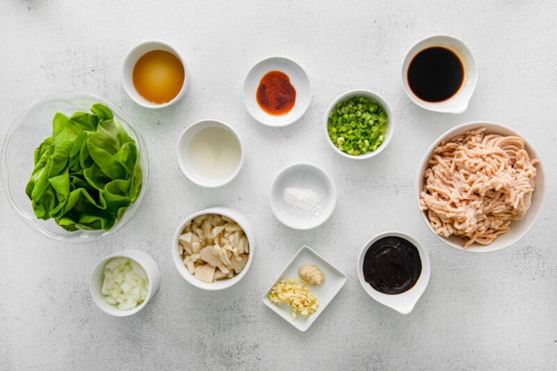 overhead view of ingredients for pf changs lettuce wraps.