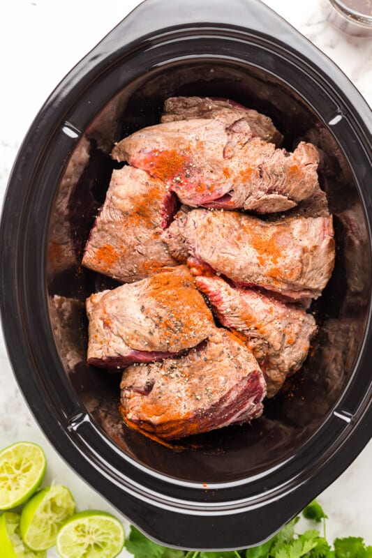 3-inch pieces of chuck roast in a crockpot.