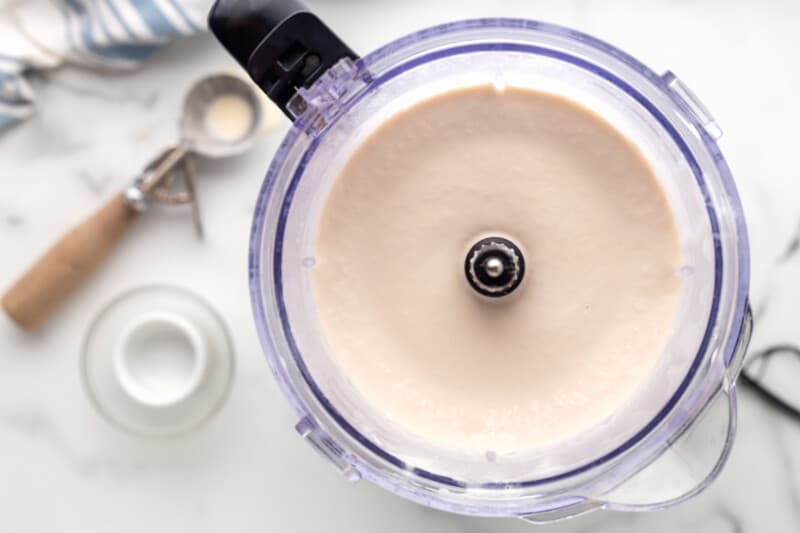 overhead view of blended frozen mudslide in a blender.