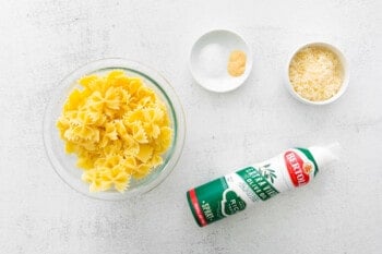 overhead view of ingredients for garlic parmesan pasta chips.