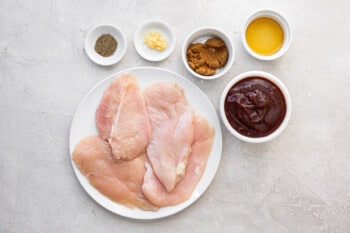 overhead view of ingredients for crockpot bbq chicken.