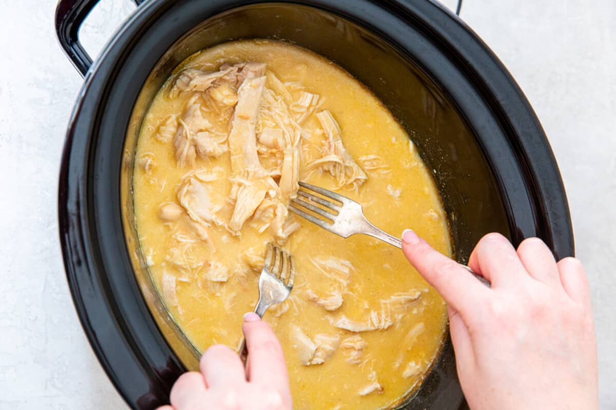 2 forks shredding chicken in sauce a slow cooker.