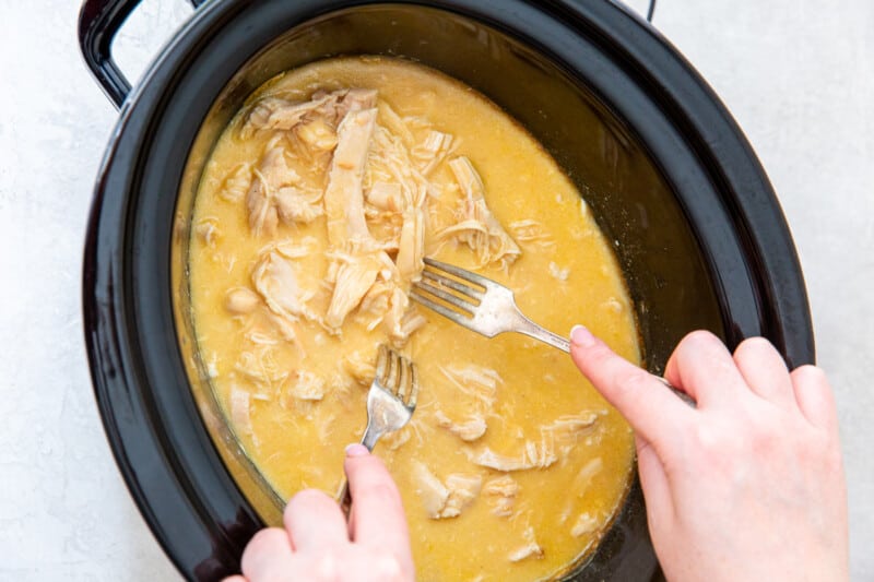 2 forks shredding chicken and gravy in a crockpot.