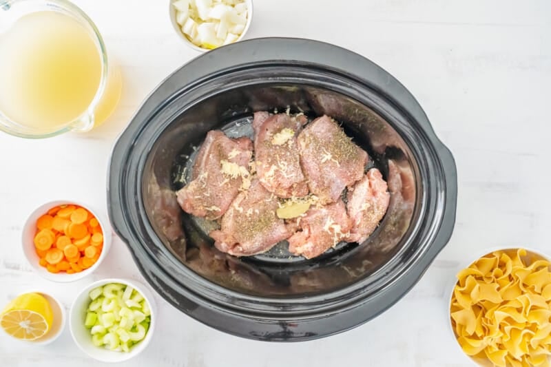 seasoned chicken in a crockpot.