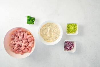 overhead view of ingredients for ham salad.