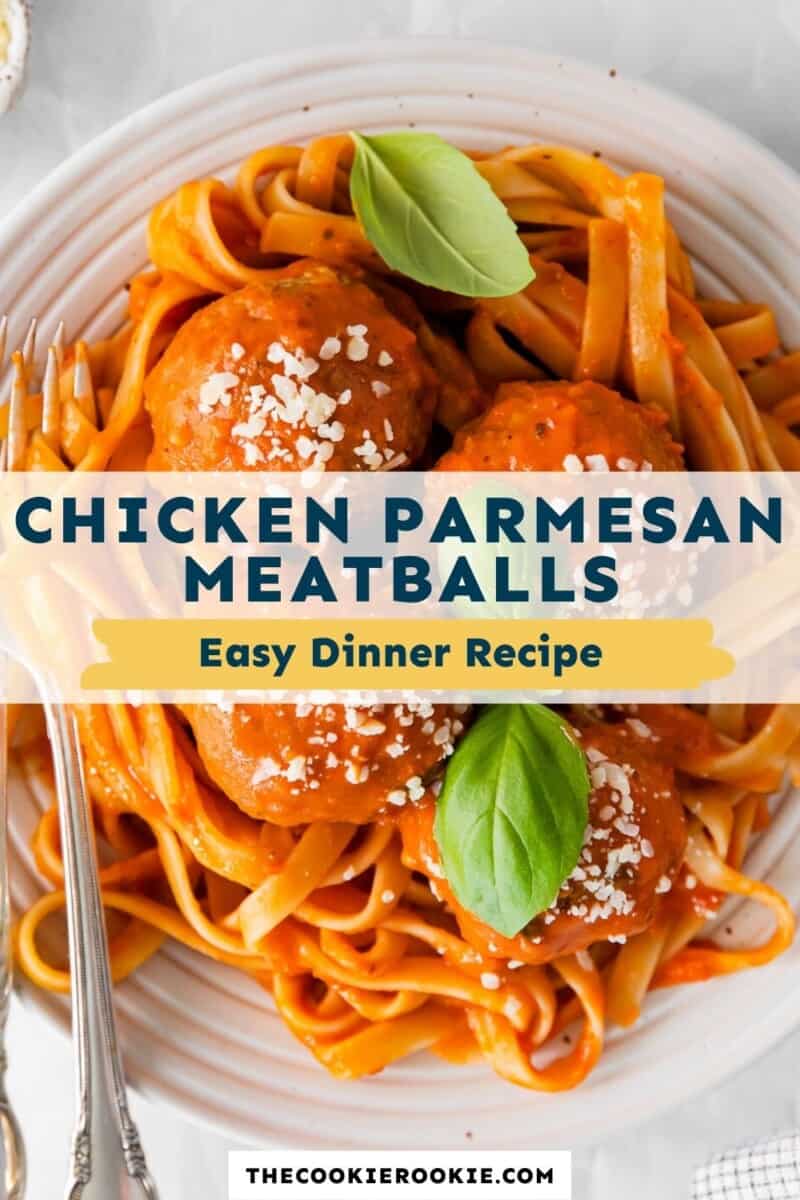 Chicken parmesan meatballs served on a white plate.