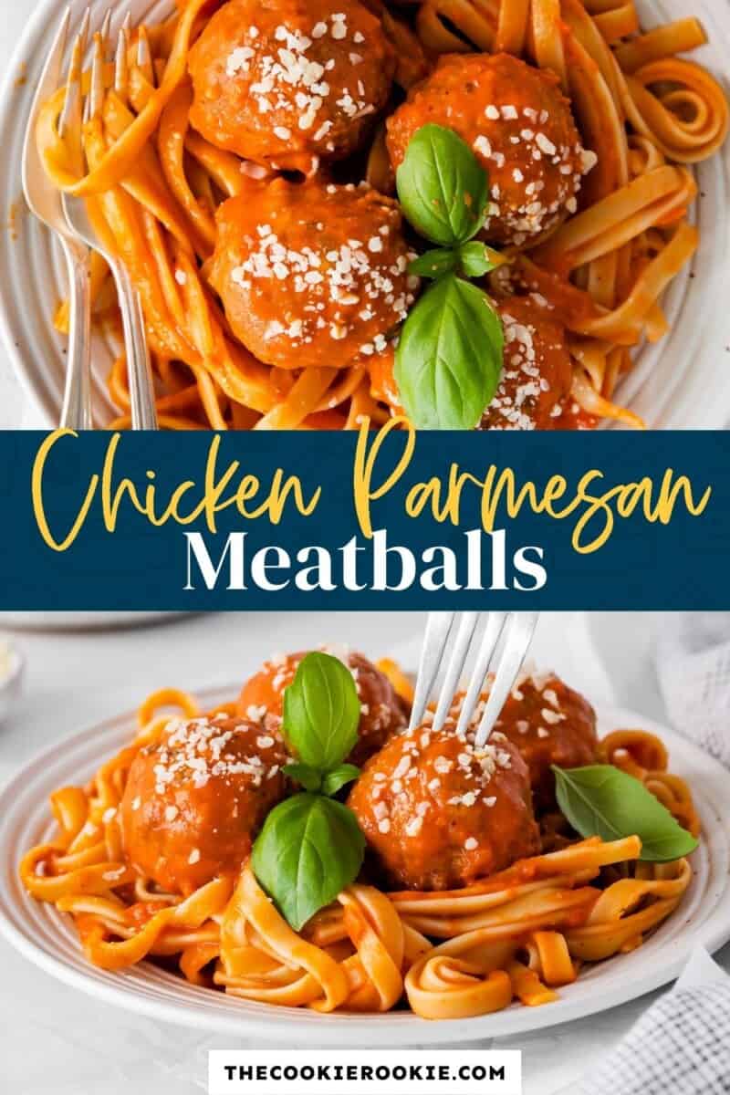 Chicken parmesan meatballs served with a fork.