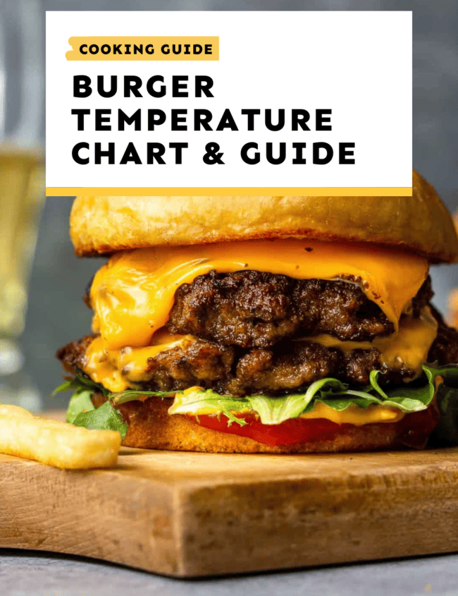 A burger cooking guide with temperature recommendations displayed on a cutting board.