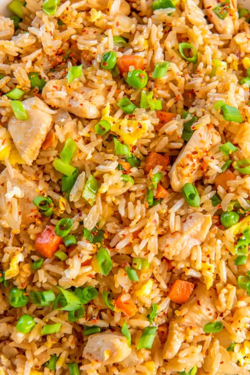 a close up of chicken fried rice.