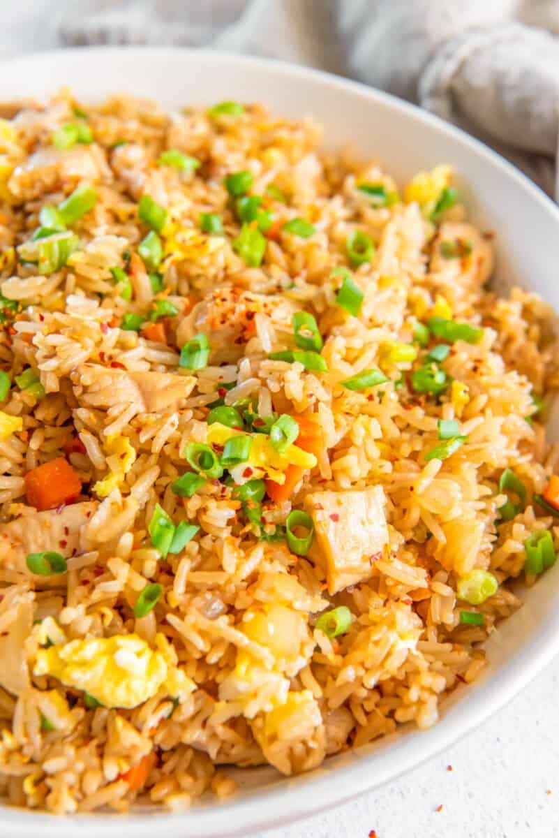 a close up of chicken fried rice in a white bowl.