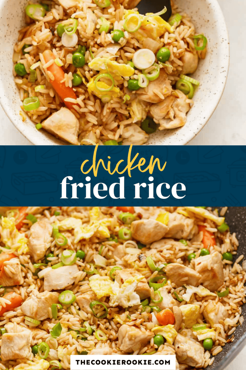 Chicken fried rice made in a skillet.