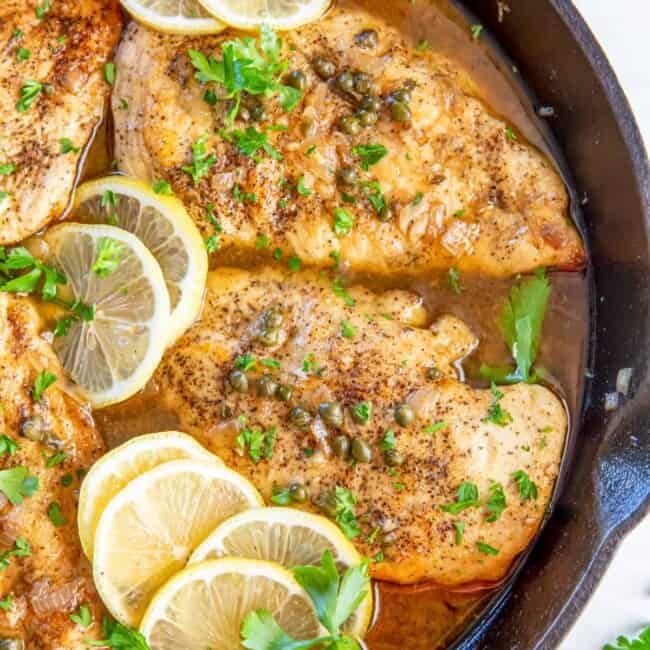 Feche de piccata de frango em uma frigideira.