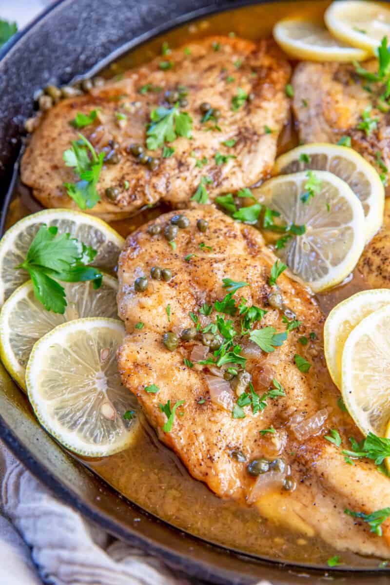 Close up of chicken piccata.