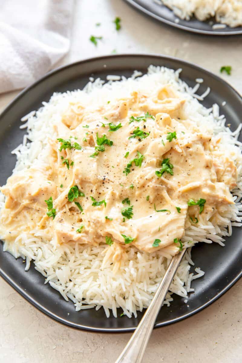 crockpot chicken and gravy on a black plate.