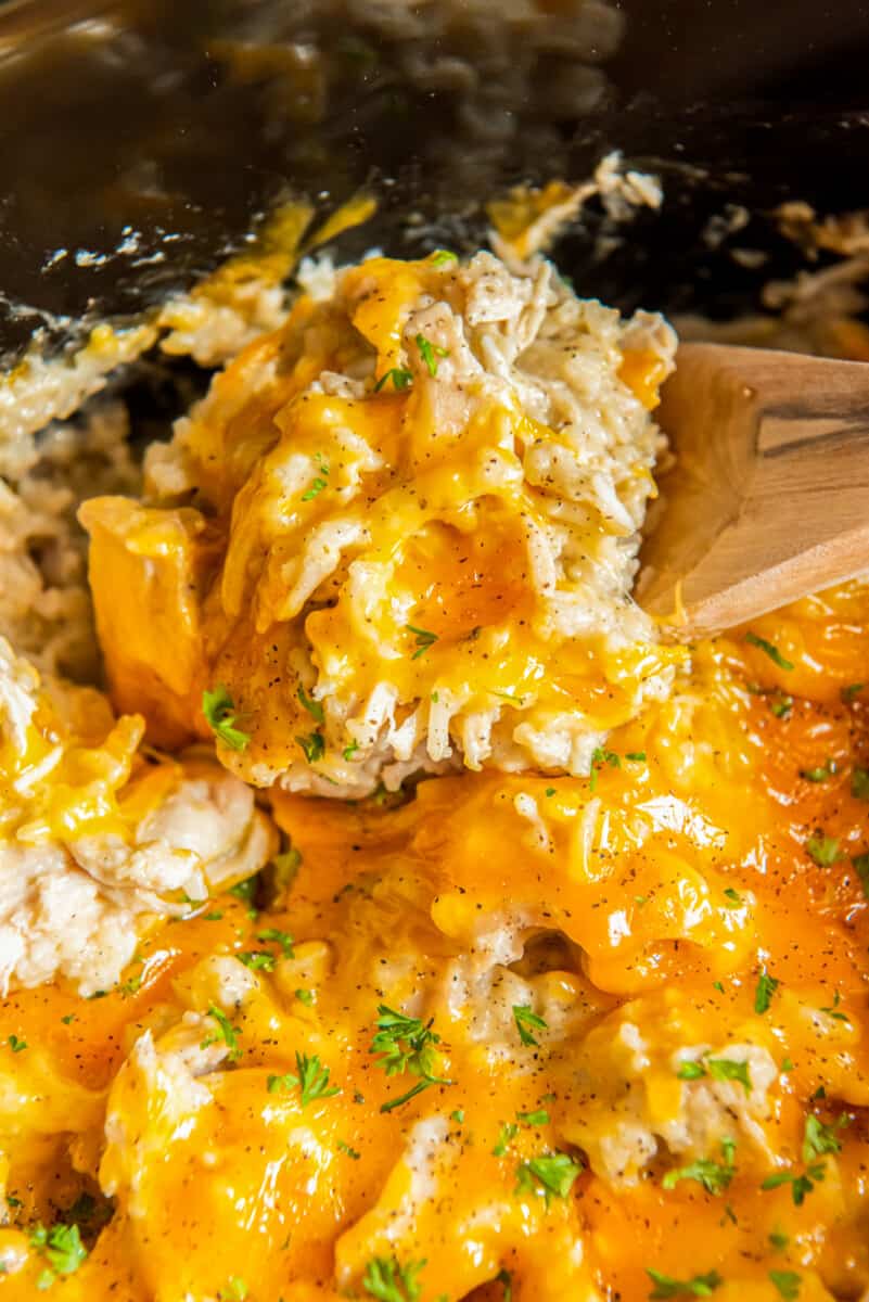 close up view of crockpot chicken and rice on a wooden spoon.