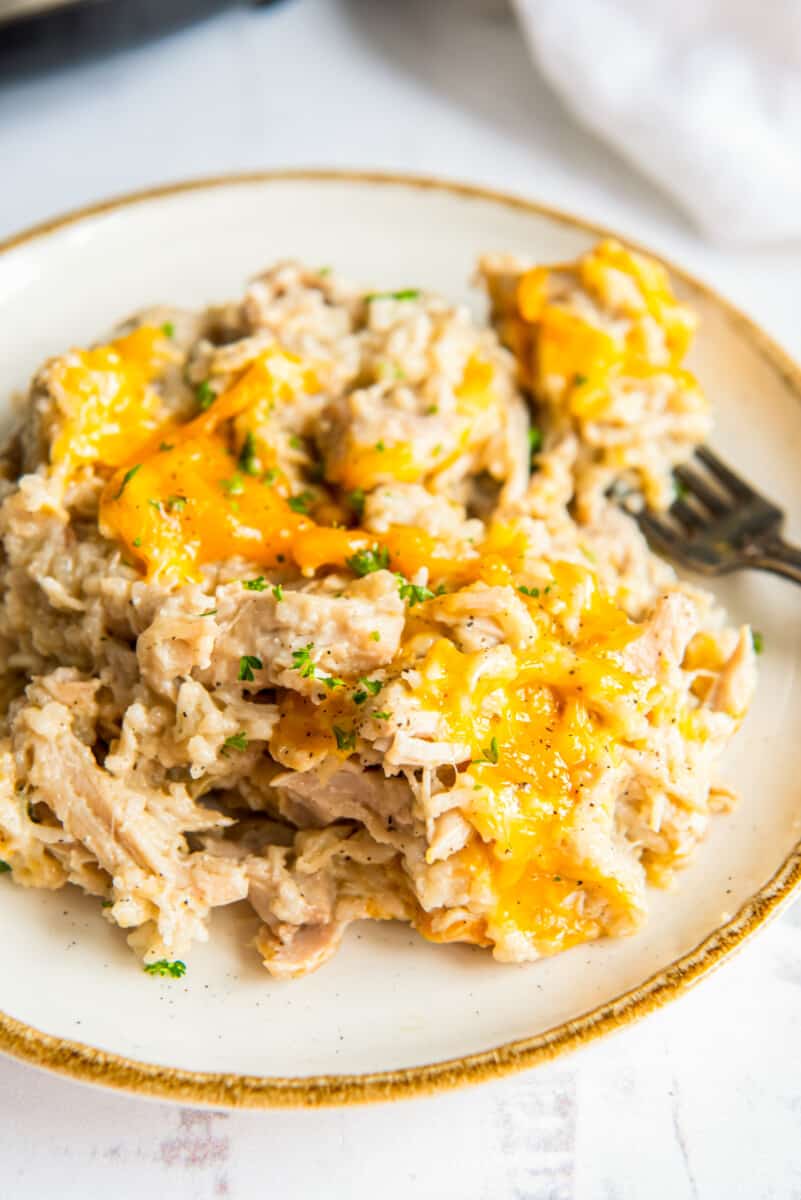 crockpot kyckling och ris på en vit platta med en gaffel.