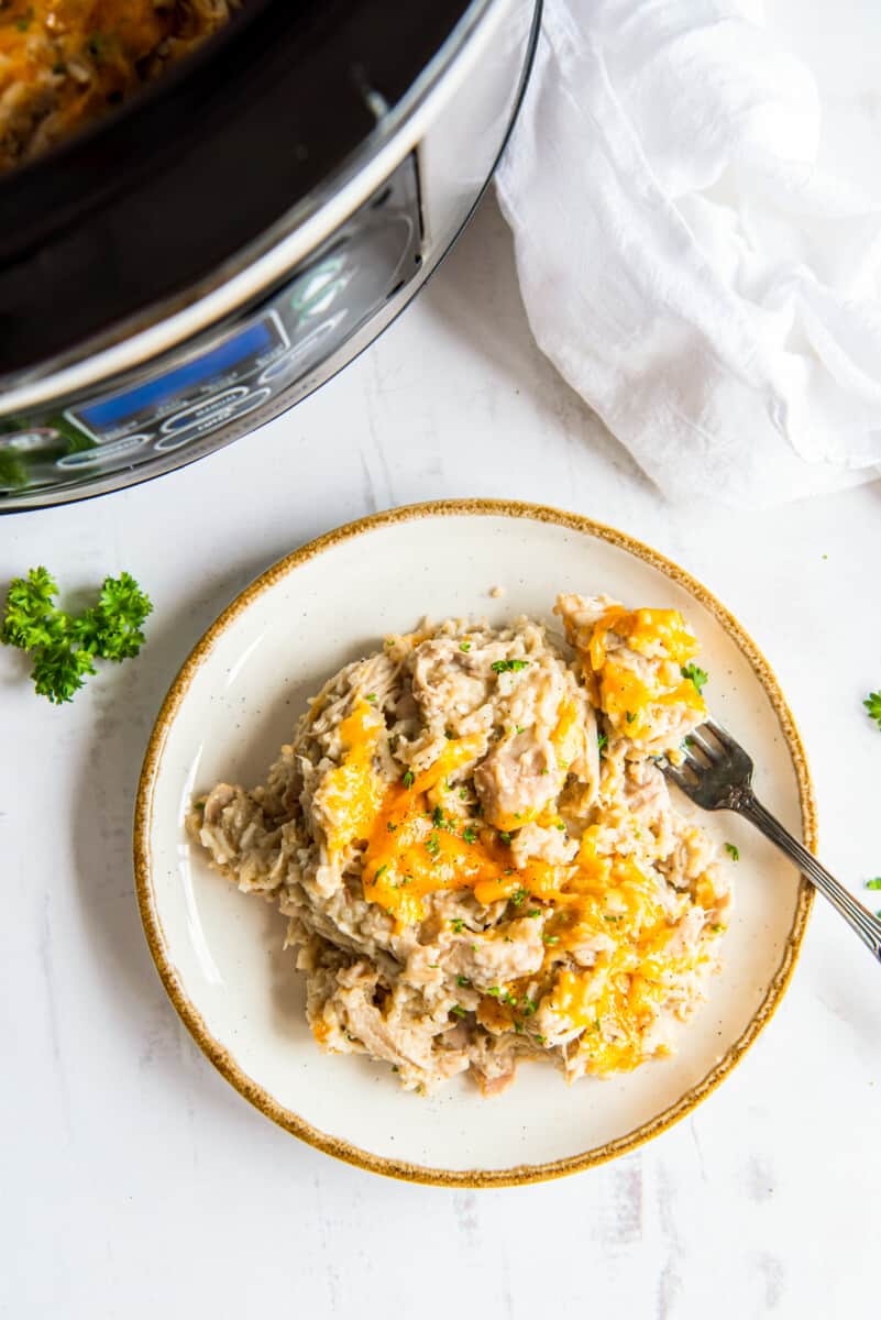 crockpot chicken and rice on a white plate with a fork.