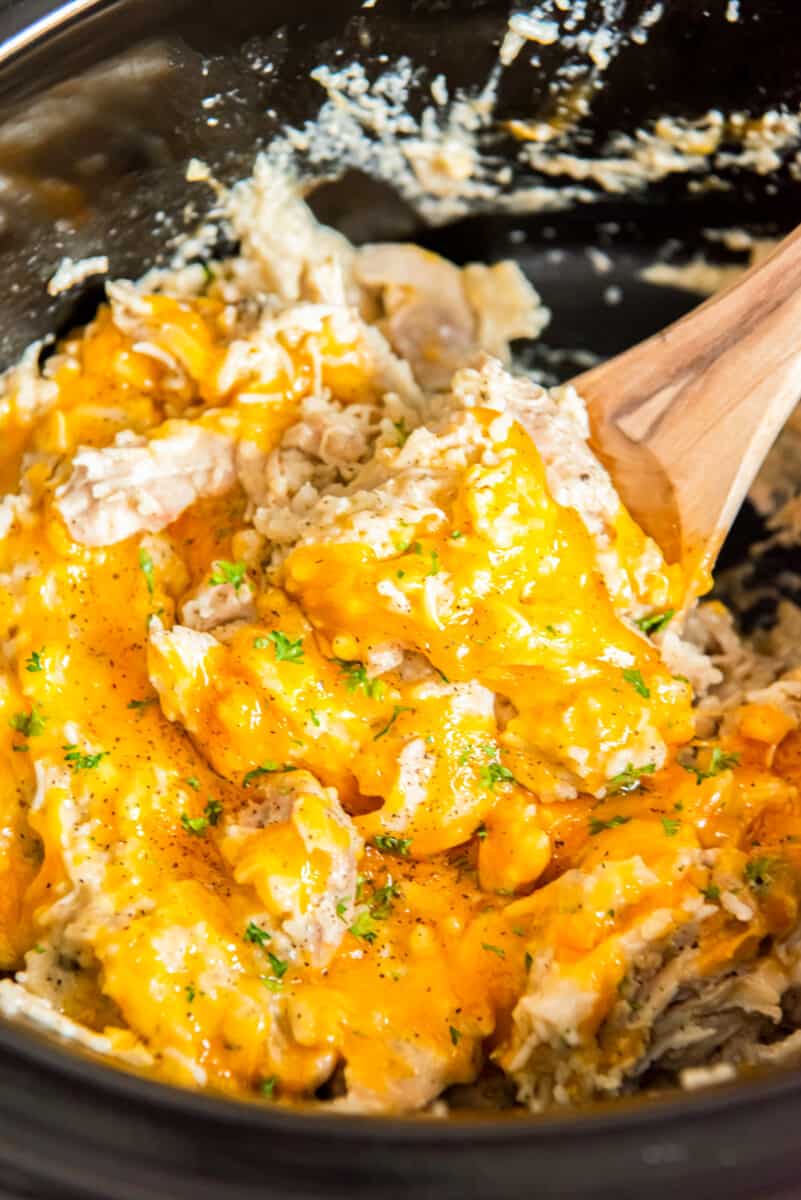 close up of crockpot chicken and rice on a wooden spoon.
