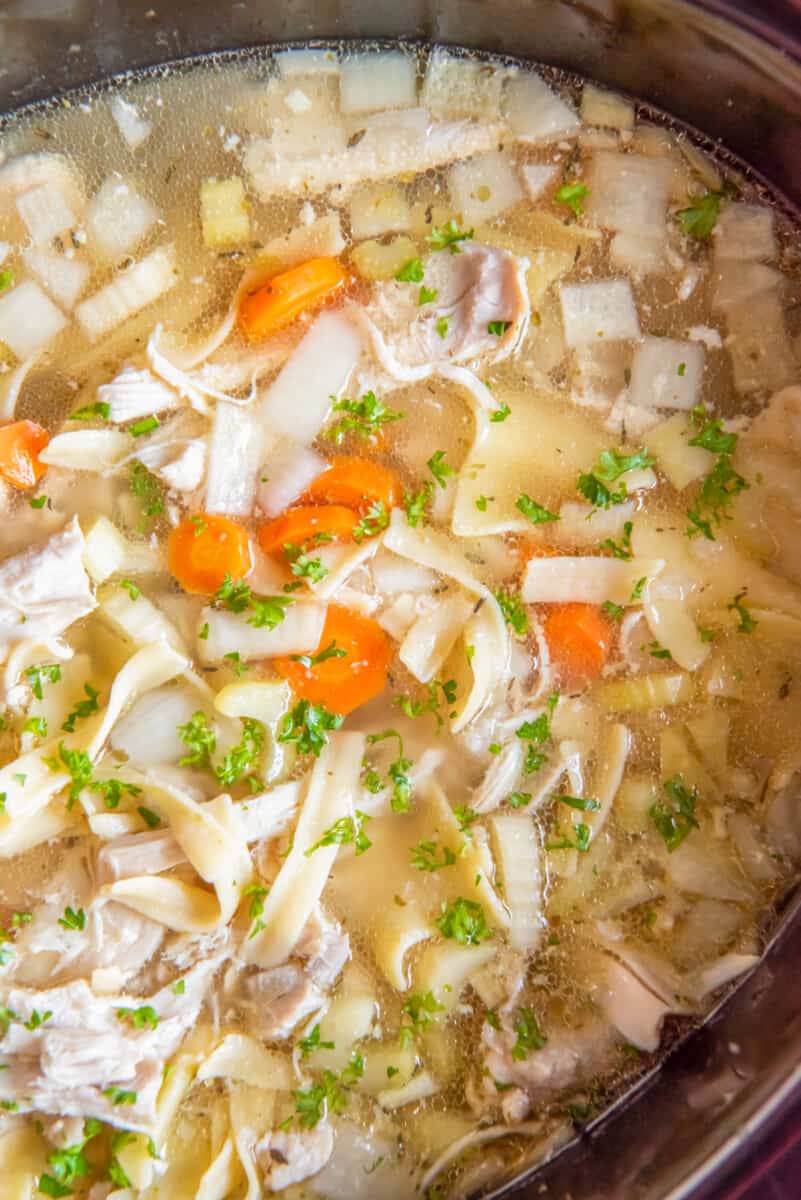 close up of crockpot chicken noodle soup in a crockpot.