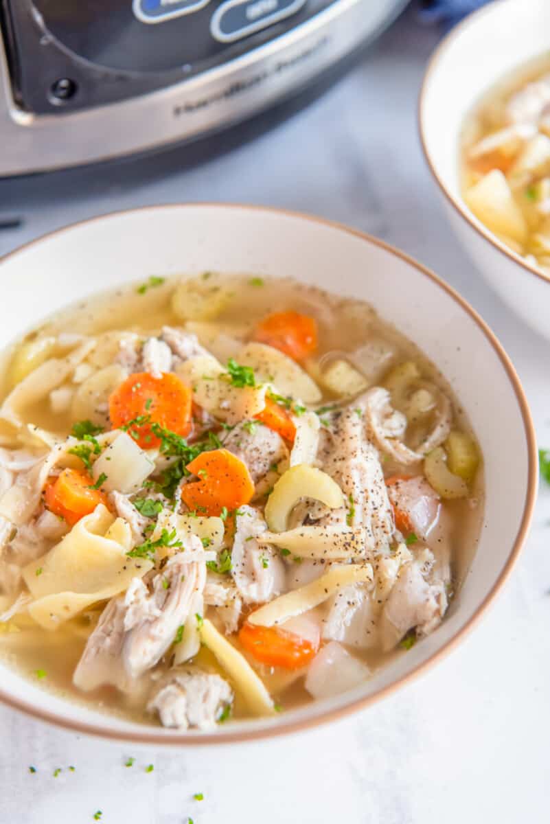 crockpot chicken noodle soup in a white bowl.